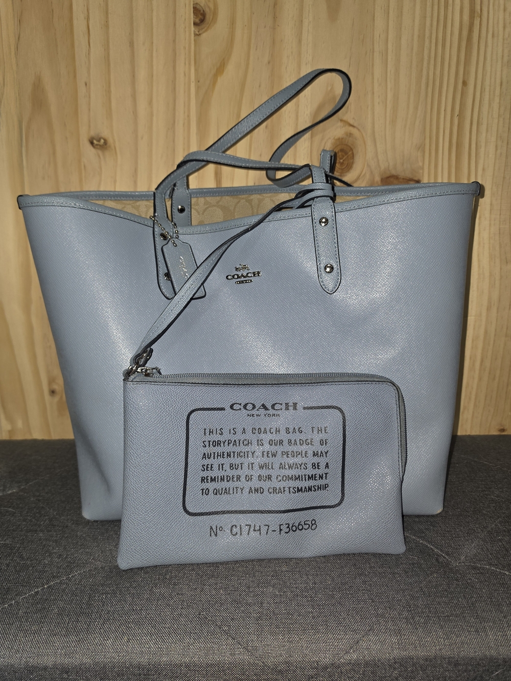 Coach Light Blue Tote with Matching Pouch, Reversible